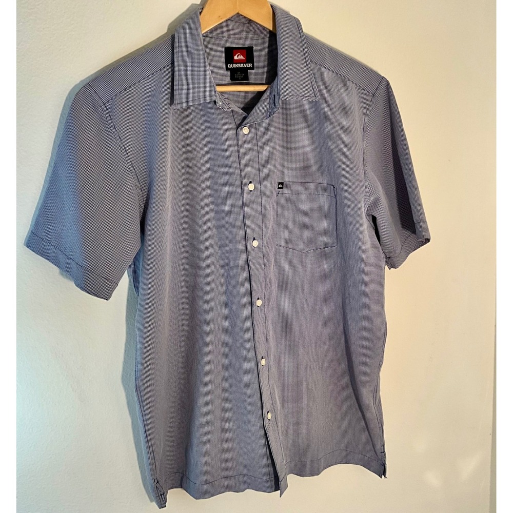 Quiksilver Mens Shirt Small Blue White Checkered Short Sleeve Button Up